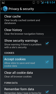 Screenshot showing the Accept Cookies option highlighted in the Android Browser settings.